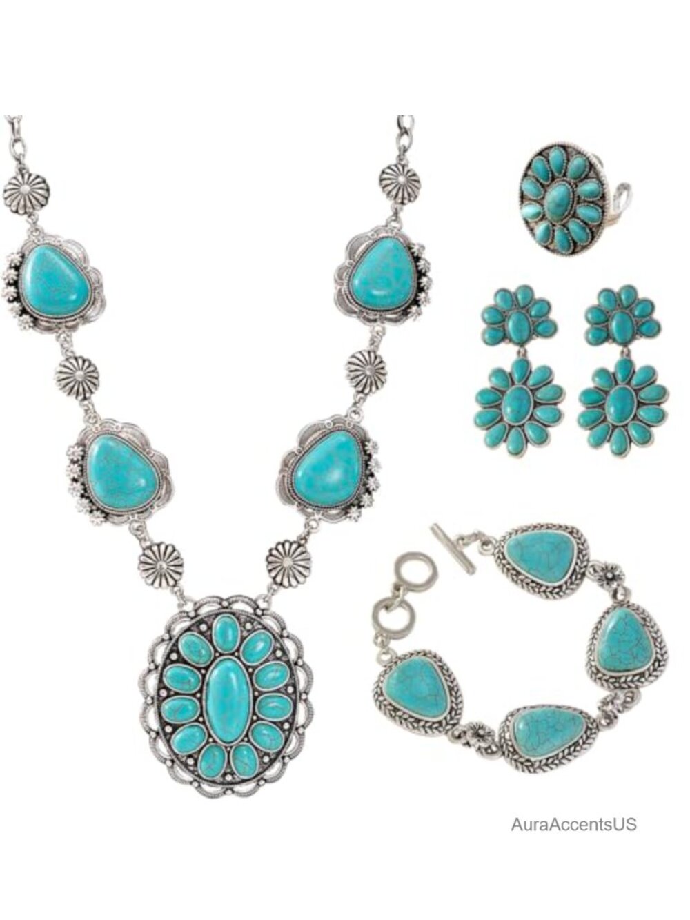 Boho Turquoise Jewelry Set Necklace Earrings Bracelet Ring Adjustable Women